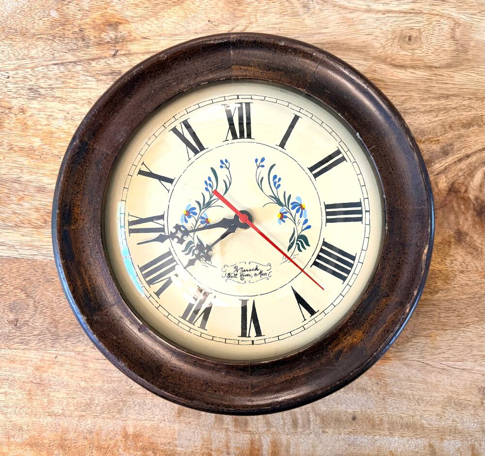 Vintage Wuersch Wall Clock 10 Inch Fall River Mass Wood Frame Roman Numeral